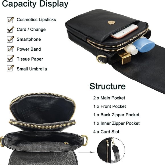 Small Vegan Leather Crossbody Purse Women Card Slots Adjustable Straps - Picture 4 of 6